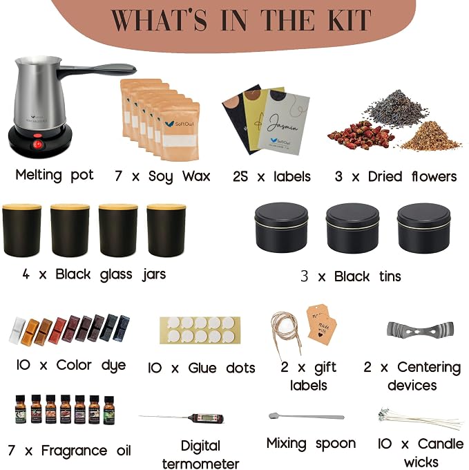 SoftOwl Premium Soy Candle Making Kit - Black Edition - Full Set with Electric Melter - Soy Wax, Big 7oz Jars & Tins, 7 Pleasant Scents, 10 Color Dyes & More - Perfect as Home Decorations