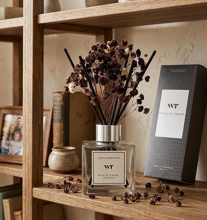 WEALD TRIBE Reed Diffuser Set for Bathroom Air Fresheners with Real Flower, Oil Diffuser Stick | Vanilla Whiskey Scent 5.1 fl oz Home Fragrance with Sticks Defusers | House Bedroom Office Shelf Decor