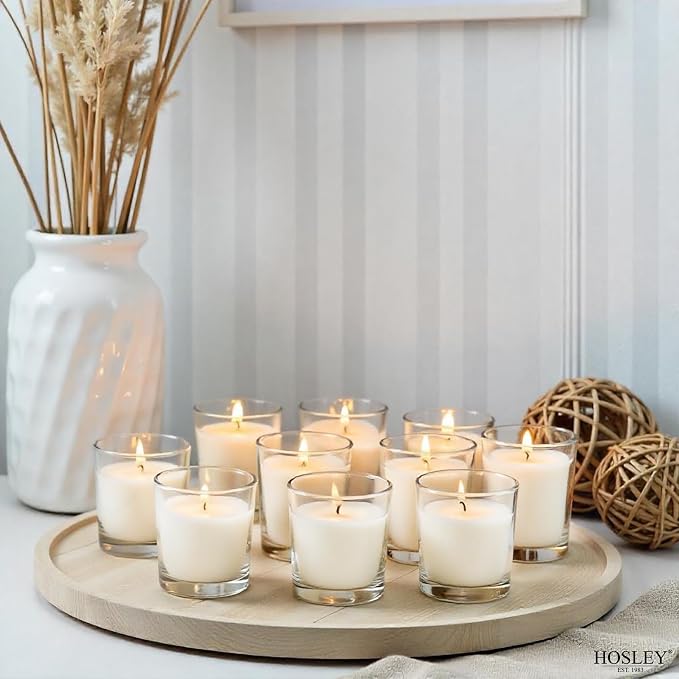 Hosley 20-Pack White Unscented Votive Candles in Clear Glass Holders Hand Poured Wax for Timeless Elegance and Versatile Décor Illuminate Every Moment