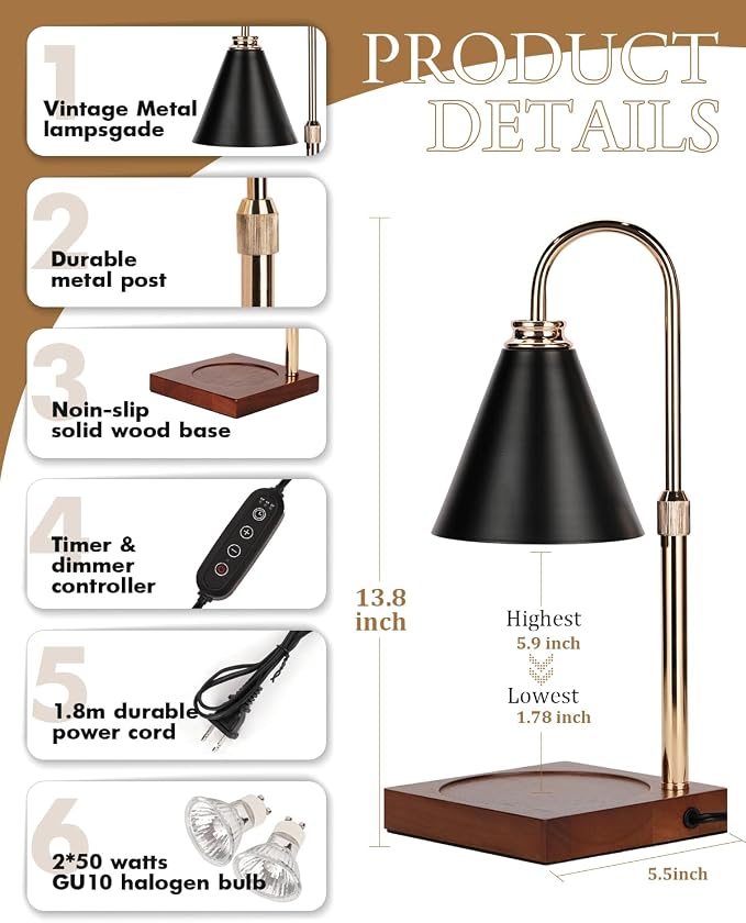 Candle Warmer Lamp with Timer Dimmable,Mothers Day Birthday Gifts for Women Mom, Adjustable Height Candle Warmer, Black Candle Lamp Warmer for Jar Candles with 2 Bulbs Home Decor
