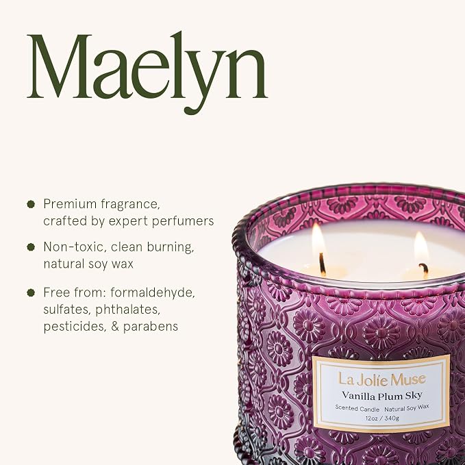 LA JOLIE MUSE Vanilla Plum Sky Scented Candles for Home, Soy Wax, 2-Wick | Large Jar Luxury Candle, Natural Clean Non Toxic, Gifts for Women & Men, Decorative Purple Candles for Candle Warmer,12 oz