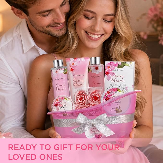 Body & Earth Spa Gifts for Women Self Care Kit - 8pcs Cherry Blossom & Jasmine Bath Sets for Women, Birthday, Mother's Day Gift Baskets for Mother, Wife, Girlfriends