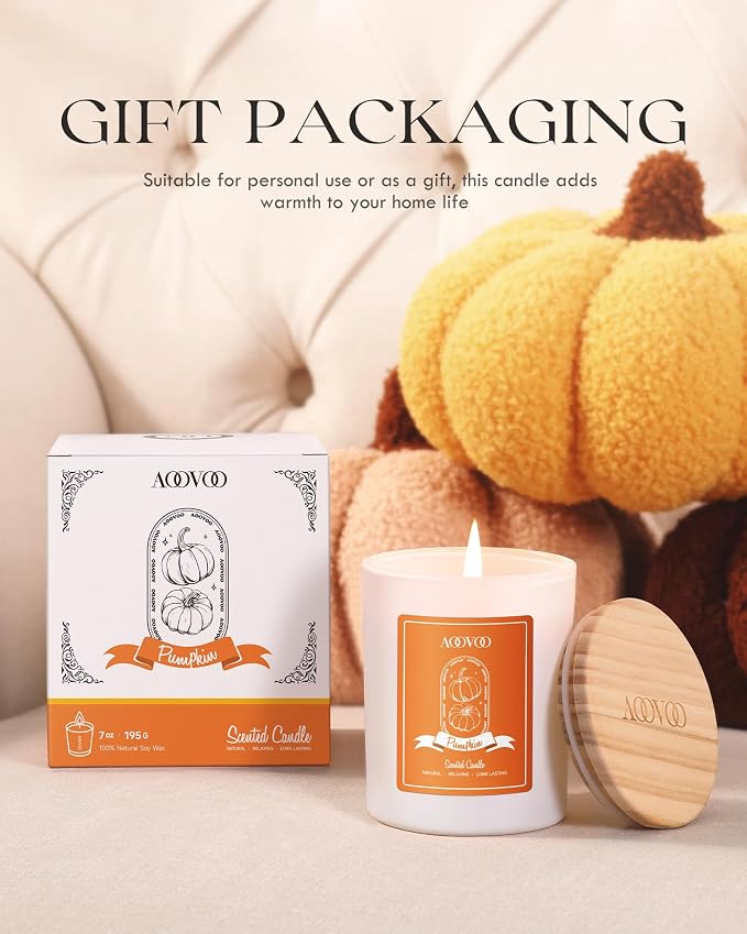 AOOVOO Pumpkin Scented Candles for Women - Aromatherapy Candle with Crystals Inside, 7oz Soy Candles for Home Scented, Christmas Birthday Gifts Candle for Women Mom