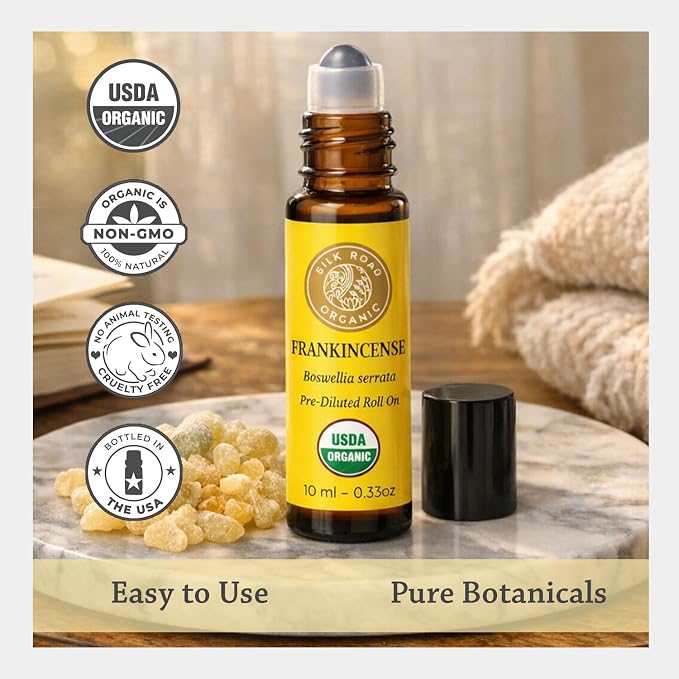Silk Road Organic Frankincense Serrata Essential Oil Roll on | 100% Pure USDA Certified Aromatherapy Roller to Soothe Body & Mind (10 ml)