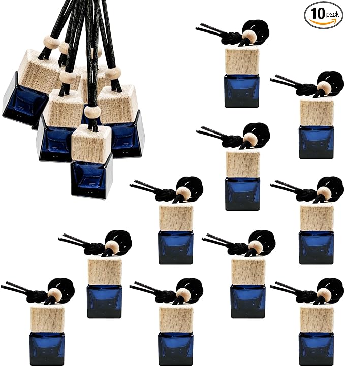 10PCS Hanging Car Air Freshener Bottle, Empty Glass Car Diffuser Cube Bottle Pendant with Wooden Cap, Refillable Essential Oil Bottles Hanging Ornament for Auto Home Office