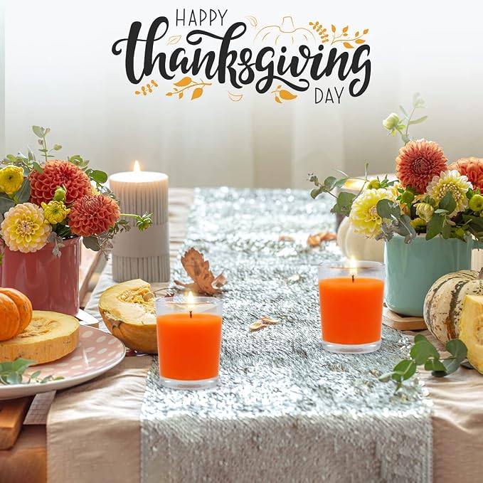Set of 20 Orange Votive Candles Clear Glass Filled Unscented Soy Wax Candle for Home Halloween Fall Harvest Thanksgiving and DIY