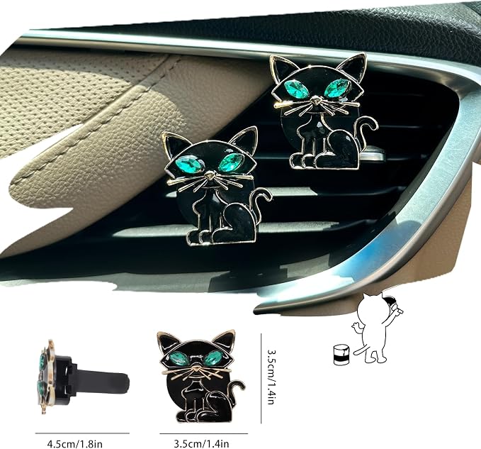 ORIESSE Cat Car Accessories 2pcs Black Cat Car Air Freshener Vent Clips Black Interior decoration for Women Teens Refillable Essential Oil Diffuser Bling Rhinestone