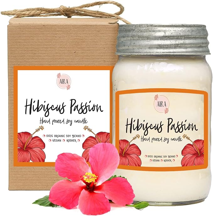 AIRA Soy Candles - Organic, Kosher, Vegan, in Mason Jar w/Therapeutic Grade Essential Oil Blends - Hand-Poured 100% Soy Candle Wax - Paraffin Free, Burns 110+ Hours - Hibiscus Passion -16 Ounces