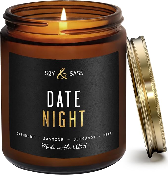 Date Night Candle I Scented Black Candles for Men or Women - French Cashmere & Vanilla Scent Soy Wax - Infused w/Essential Oils | Mens Candle I Long-Lasting 50Hr Burn, 9oz I Non Toxic I Made in USA