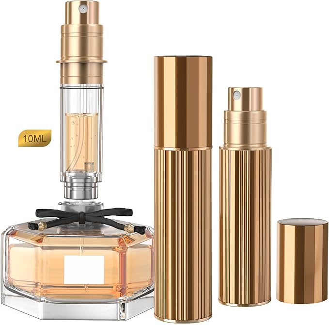 YIERSO 10ml Perfume Atomizer Travel Refillable,Bottom-Filling Fragrances Perfumes Bottle,Mini Cologne Dispenser, Portable Sprayer Pocket Size for Women Men Cruise Car Trip Gift 0.34oz (Gold)