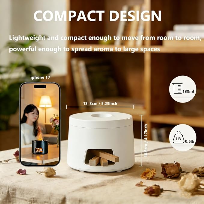 180ml Quiet Aromatherapy Diffuser, Ultrasonic Essential Oil Humidifier with Auto Shut-Off & 7-Color Flame Light for Home Bedroom Living Room Kitchen (White)