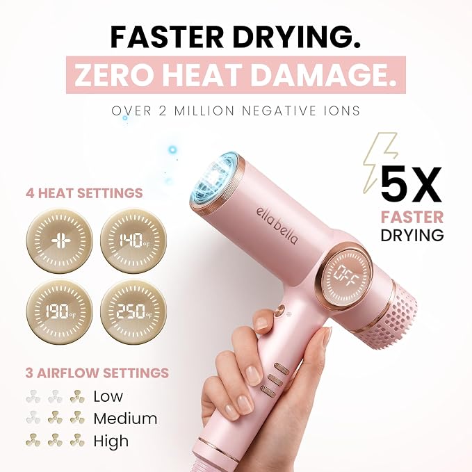 ELLA BELLA® Professional Ionic Hair Dryer with Diffuser • Negative Ion Blow Dryer • Suitable All Hair Types • Intelligent Heat Control & Rapid Drying Speeds • Lightweight Design • Low Noise Technology