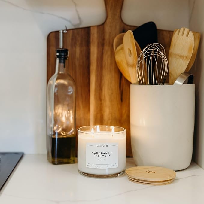 Calyan Wax Co. Mahogany & Cashmere 3 Wick Scented Candle - 43 Hour Burn - Luxury 3 Wick Soy Candles - Clean Soy Wax Candles - Long Lasting Large Glass Jar Candle for Home - 14.9oz
