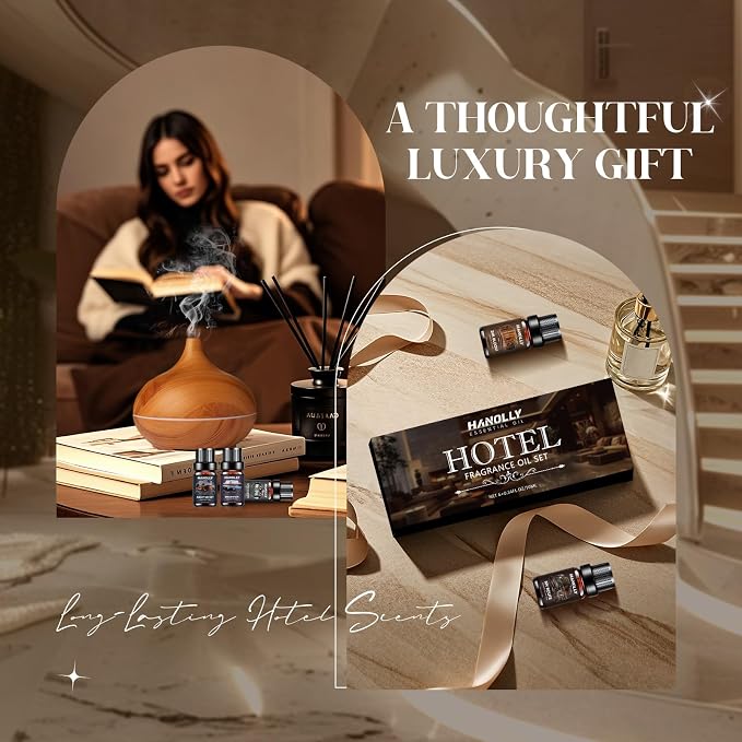 Hotel Diffuser Oils Gift Set - 6x10ML Luxury Hotel Scent Essential Oils Set for Diffuser, Candle Making - My Route, Serene Coast, Night Velvet, 24K Bloom, Dream State, After Warmth Fragrance Oil
