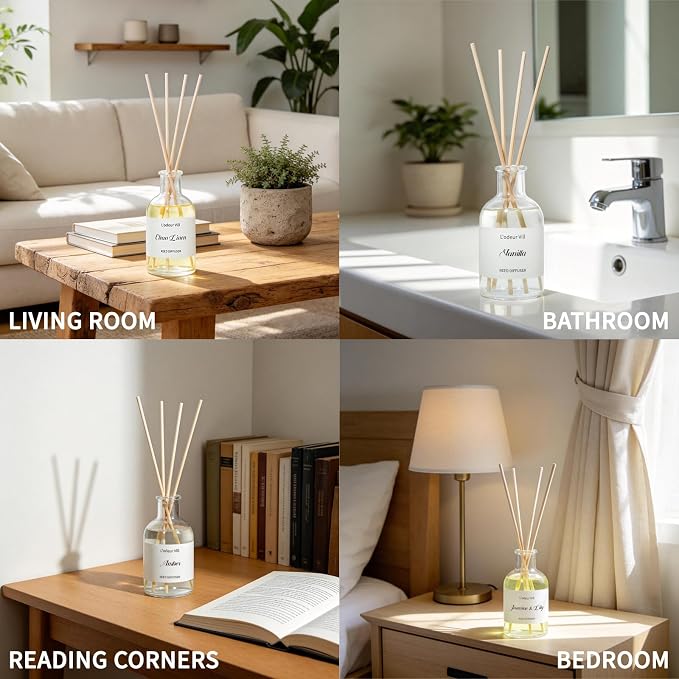 L'odeur Vill Reed Diffuser Set, 5.07 fl oz(150ml) Vanilla Reed Diffuser for Home Bathroom Diffuser with Long Lasting Scent Diffuser with 6 stricks Shelf Decor