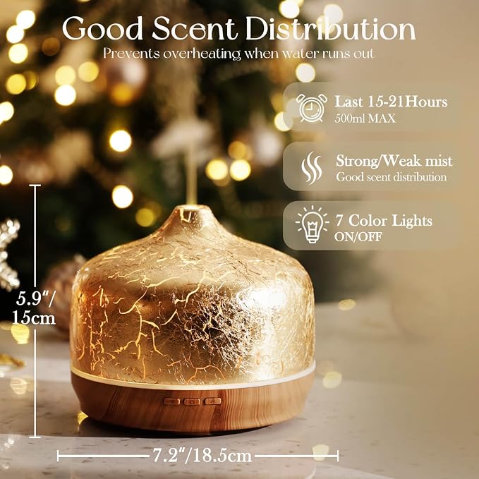 Porseme 500ml Glass Essential Oil Diffuser Aromatherapy Ultrasonic Cool Mist Humidifier 15-21 Running Hours Waterless Auto-Off Air Diffusers for Sleeping Yoga Working Spa(Gold Plated)