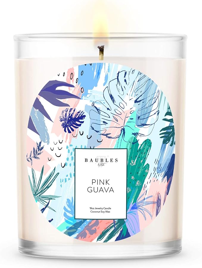 Baubles Pink Guava Scented Premium Candle and Jewelry with Surprise Ring Inside | 18 oz Large Candle | Made in USA | Parrafin Free | Size 08