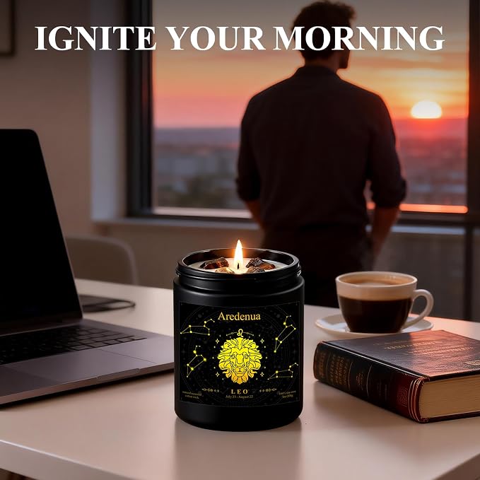 Leo Zodiac Candle | Astrology Birthday Gift for Women Healing Crystal Candles with Tiger Eye Crystals - Soy Candle, 7oz 50 Hour Burn, Spiritual Gift for Women, July August Birthday Candle