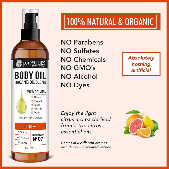 pureSCRUBS Ultra Moisturizing Citrus Body Oil for Dry Skin, Lightweight Full Body Moisturizer for Soft, Silky Skin, Massage & Cuticle Oil, Vitamin E Enriched, 4 oz