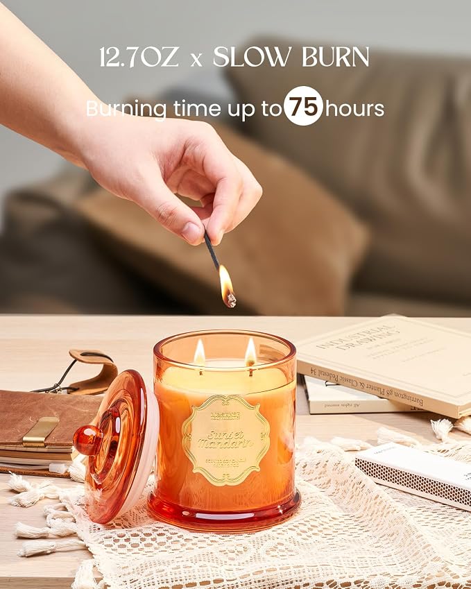 M&SENSE Sunset Mandarin Summer Scented Candle 12.7oz Long Burning | Natural Soy Wax, Non-Toxic, 2 Wick, Fresh Mandarin Scent for Relaxation Refresh, Gift for Women