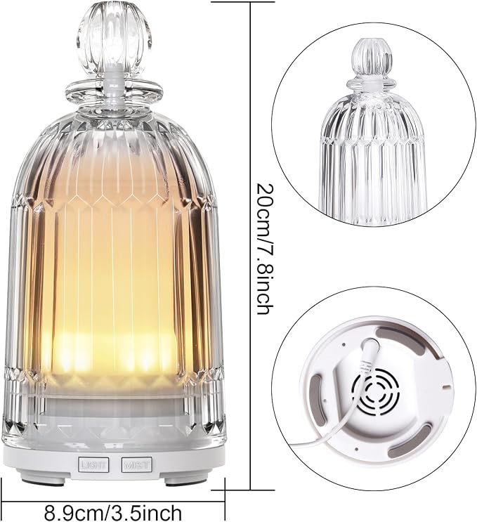 Glass Essential Oil Diffuser, Aroma Diffusers with Glass Cover & Plastic Reservoir Small Humidifiers with 7 Color LED Lights Auto-Off for Home Office Bedroom Yoga 120ml(White Bottom)