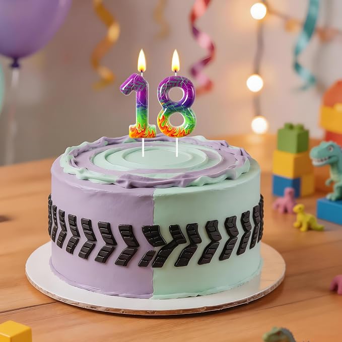 Number 8 Birthday Candle for Cake – Purple Green Flame Design with Lightning & Tire Track Pattern – Off-Road Truck Theme Cake Topper for Birthday Party Decoration