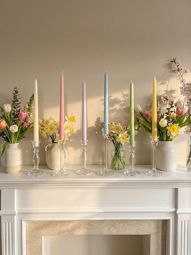10" Classic Taper Candles, Multicolored, 12-Pack, 7-8 Hours Long Burning, Unscented Tall Easter Colorful Candlesticks