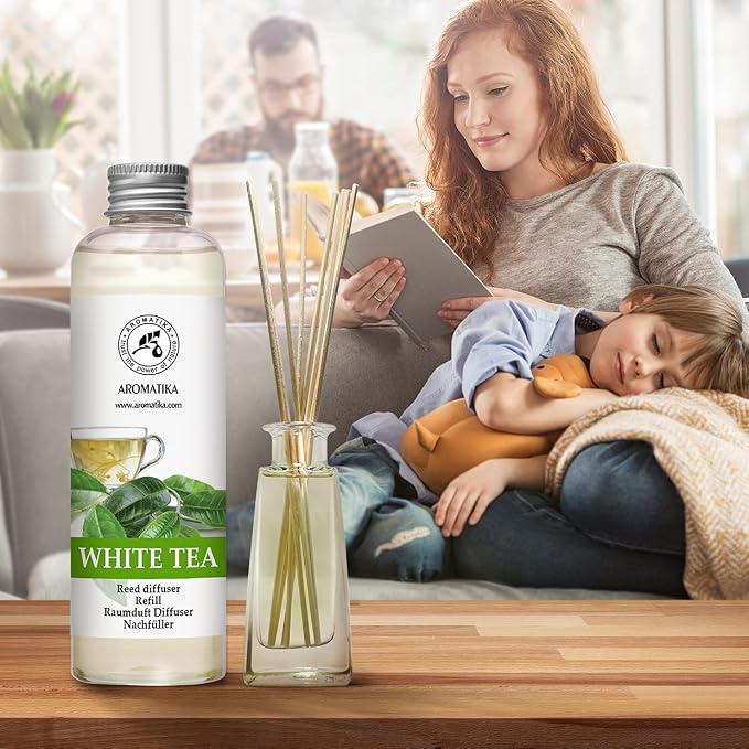 Refill Reed Diffuser White Tea 6.8 Fl Oz (200 ml) - with White Tea Essential Oil - Good Mood - Home Fragrance - Warm Scent - Air Freshener for Bathroom Bedroom Kitchen - Aromatherapy - Nice Smell