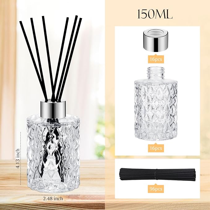 Norme 6 Set Empty Reed Diffuser Bottle Set with Stick, 150ml/5oz Clear Diffuser Glass Jars with Black Rattan Reed & Cap, for DIY Essential Oil, Fragrance, Home Fragrance, Bulk (Silver)