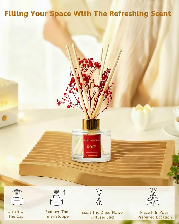 Reed Diffuser Set-Rose Scent Fragrance Oil Diffuser with 6 Reed Sticks | Home & Bedroom Bathroom Decor,3.38 fl oz (100ml)
