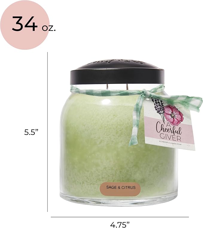 A Cheerful Giver - Sage & Citrus Papa Scented Glass Jar Candle (34oz) with Lid & True to Life Fragrance Made in USA
