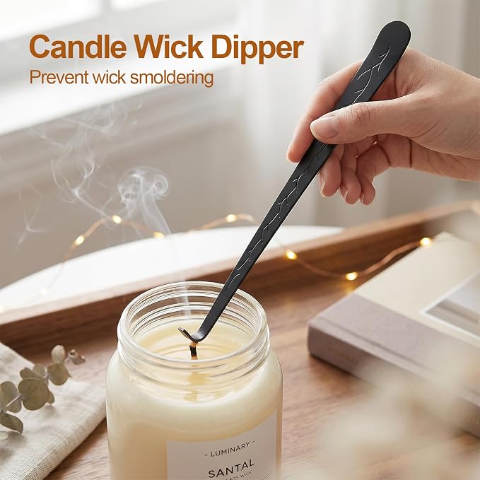 tifanso 4-in-1 Candle Care Kit with Wick Trimmer Cutter, Extinguisher Snuffer, Dipper and Storage Tray Plate, Stainless Steel Wick Scissors Accessories with Gift Package for Candle Lovers (Black)
