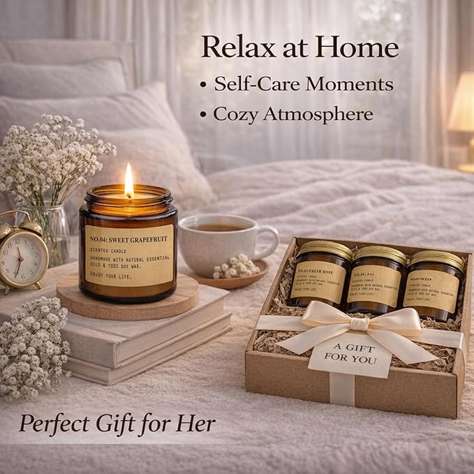 Scented Candles for Home,8 Pack Soy Wax Candle Set,Scented Candles Gift Set,Aromatherapy Candles, Amber Jar Vintage Apothecary Style, 8 Scents Gift Set