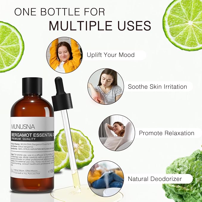 Bergamot Essential Oil 100ML, 100% Pure Natural Bergamot Oil Premium Grade Aromatherapy Oil for Hair Face Skin Body Care, Diffuser, Massage, Home, Soap and Candle Making