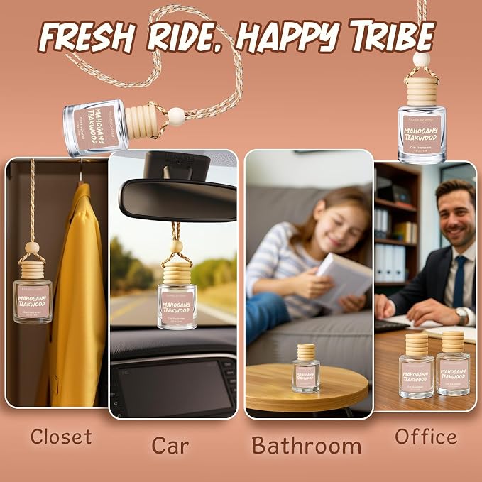 RAINBOW ABBY Hanging Car Air Freshener Diffuser 2 Pack - Mahogany Teakwood Fragrance Oil, 45+ Days Long Lasting, Essential Oil Diffuser for Car
