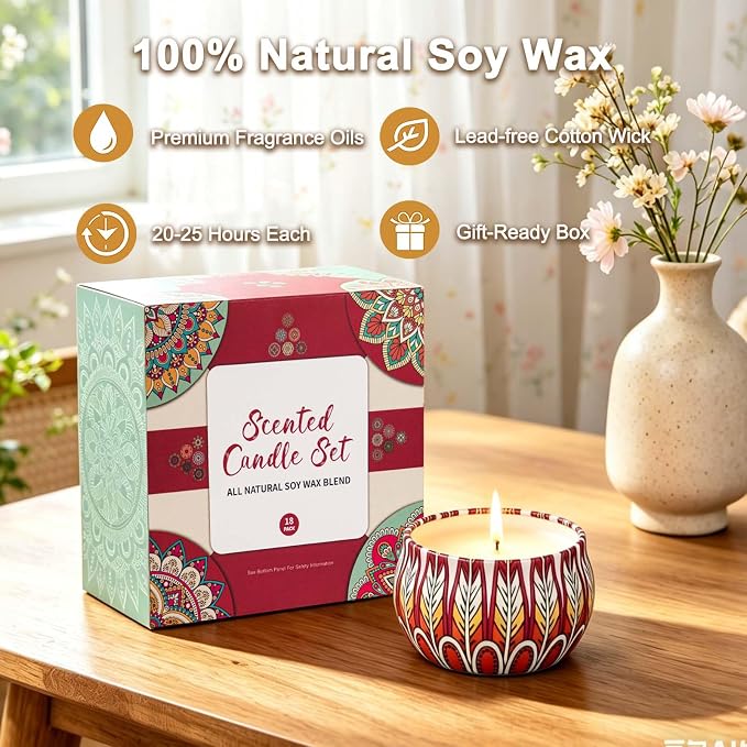 Scented Candles Gift Set, 18 Pack Soy Wax Aromatherapy Candles, 18 Fragrances in Bohemian Travel Tins, 360-Hour Burn, Birthday & Housewarming Gifts for Women