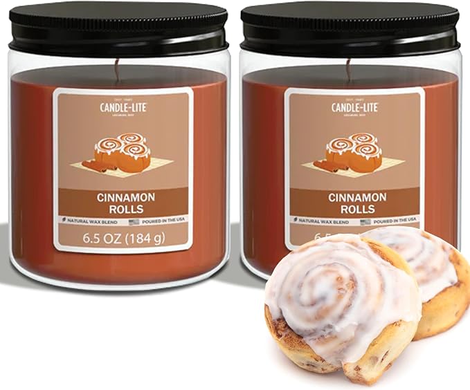Candle-Lite 2 Pack Scented Candles, Cinnamon Rolls, 6.5 oz Jar, Proudly Poured in The USA, Aromatherapy Candle Set, Single-Wick with 40 Hours of Burn Time, Ideal Gift for Men and Women