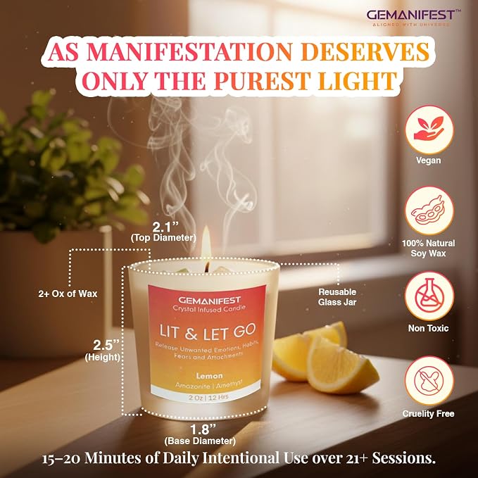 Lit and Let Go Manifestation Candle Lemon Scented Soy Crystal Candles with Amazonite Bracelet Letting Go New Beginnings Gifts Grief Divorce Gifts for Men Women