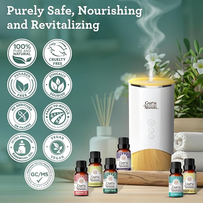 GuruNanda Essential Oils Set – 6 Pack (10mL Each), Lavender, Peppermint, Eucalyptus, Lemongrass, Grapefruit & Ylang Ylang, 100% Natural Aromatherapy Oils for Diffuser, Massage & DIY Candle Making