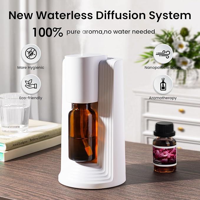 LAMA Waterless Essential Oil Diffuser, Portable Small Mini Scent Air Machine, Quiet Leak-Proof Home Fragrance Aroma Diffuser, USB Air Freshener with 1/2/3H Auto-Off Mode, 3 Mist Levels, White