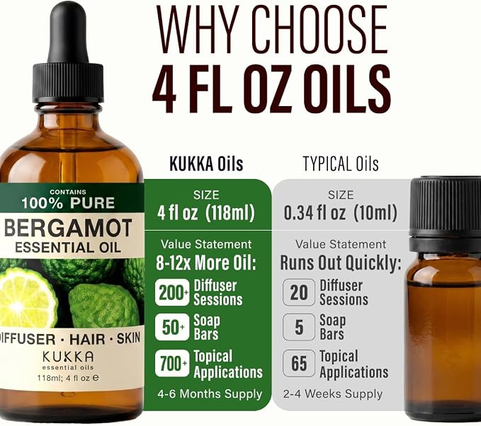 100% Pure Bergamot Oil - 4 Fl Oz Bergamot Essential Oil for Hair, Skin, Diffuser, Aromatherapy & DIY Soap Making Scent