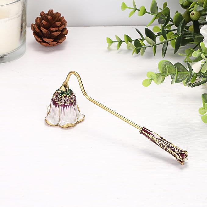 OwnMy Candle Snuffer Decorative Metal Candle Extinguisher with Long Handle, Vintage Candle Flame Snuffer and Wick Trimmer Tool, Elegant Candles Care Accessory Kit, White+Purple