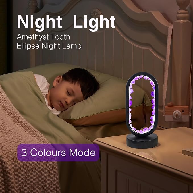 Runyangshi Crystal Lamp - Amethyst Tooth Ellipse Night Light with USB Port, 3 Colours Mode Table Lamp for Bedroom, Bedside, Office, Home Decor, Gift