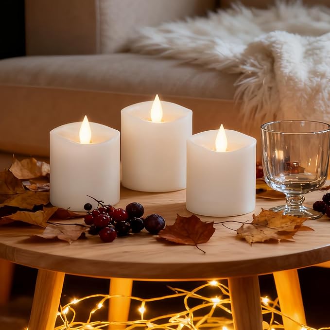 Flameless Candles with Flickering Flame & Remote - 3×3'' Battery Operated LED Pillar Candles, Smokeless Fake Candles for Indoor Use - Realistic 3 Inch Drip-Free Candles with Timer (White, 3-Pack)