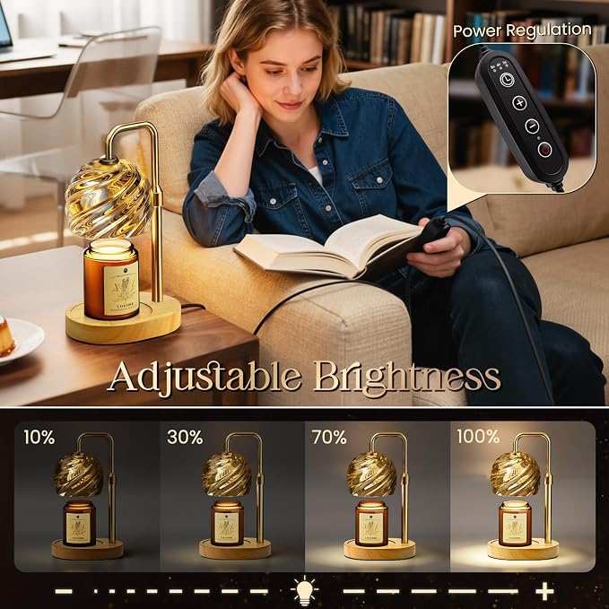 WarmEmbrace Candle Warmer Lamp with Lavender Candle Set, Electric Wax Warmer Lamp with Auto Timer & 4 Dimmable Lights, Adjustable Height for Jar Candles, Elegant Home Decor Gift for Women, Gold