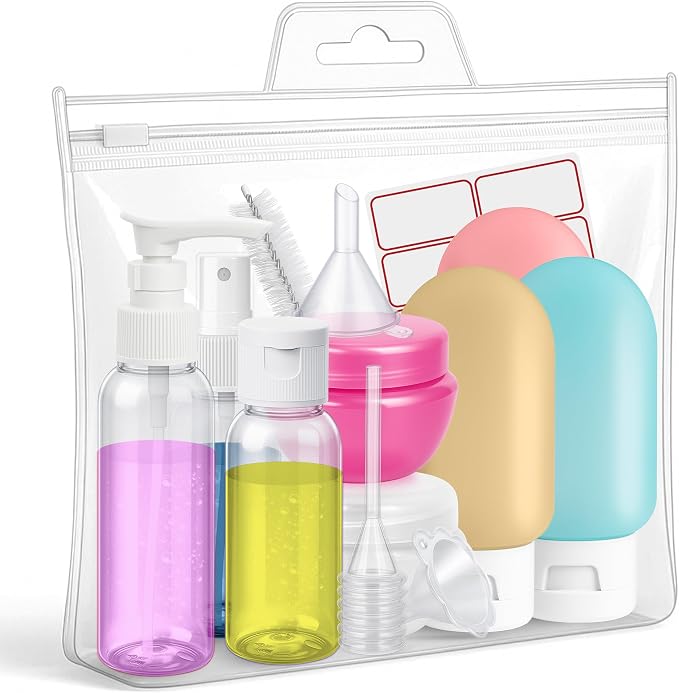 16 Pack Travel Bottles - Travel Essentials for Toiletries - TSA Approved Size - Empty Plastic Bottles with Sticker Sheet, Funnels, Spray Bottle & Carry Bag - For Shampoo, Lotion, Oil & Sanitizer