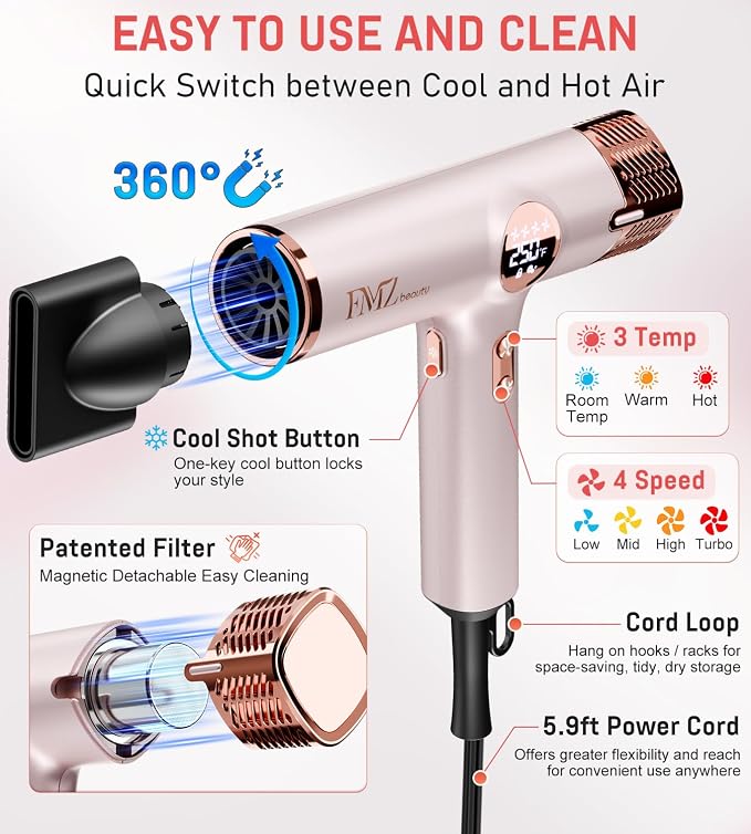 FMZ Professional Ionic Hair Blow Dryer with Smart Display, 1875W High Speed Brushless Motor for Fast Drying, Small Portable Light weight Low Noise, Curly Diffuser Blowdryer for Women Kids Salon Travel