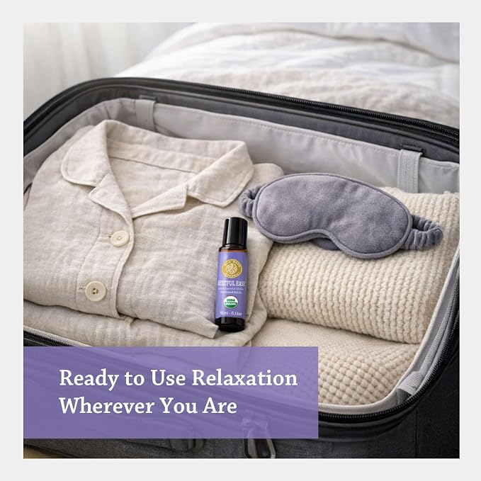 Silk Road Organic Restful Ease Essential Oil Sleep & Stress Blend Roll On - 100% Pure USDA Certified with Indian Sandalwood - Stress Ease Aromatherapy & Calming Relaxation - 10 ml Roller
