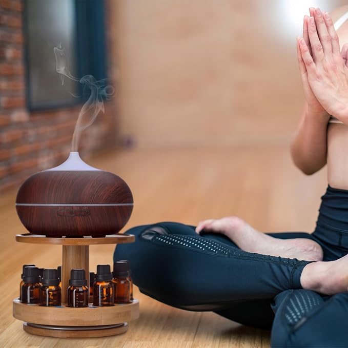 TJ.MOREE Bamboo Essential Oil Organizer 2-Tier Carousel Holder | Bamboo Material, Fits 5 ml to 30 ml Essential Oil Bottles, Suitable for Home and Office Spaces