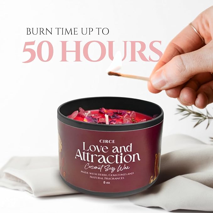 Circe Spell Candle “Love & Attraction” Coconut Soy Wax Candle Jar – Premium Hand Poured & Long Burning – Herbs, Crystals & Natural Fragrance Oils- Draw Love, Connection & Passion- Self Care, Gift- 8oz